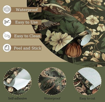 Erfoni 17.3" x118" Vintage Floral Peel and Stick Wallpaper Dark Floral and Bird Contact Paper DIY Self Adhesive Removable Wallpaper for Bedroom Cabinets Decor Retro Boho Flower Leaf Wall Paper