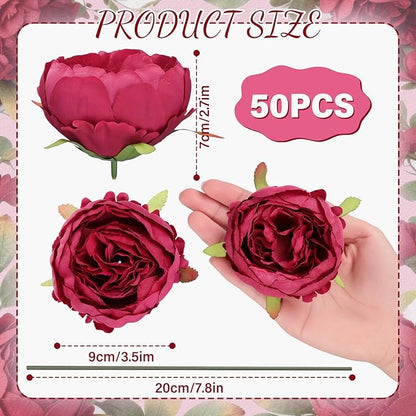 50 Pcs Artificial Peony Flower Bulk 3.5 Inch Silk Peony Flowers Heads with Stems Realistic Fake Roses for DIY Wedding Party Craft Bridal Bouquets Table Centerpieces Vase Home Decor(Burgundy)