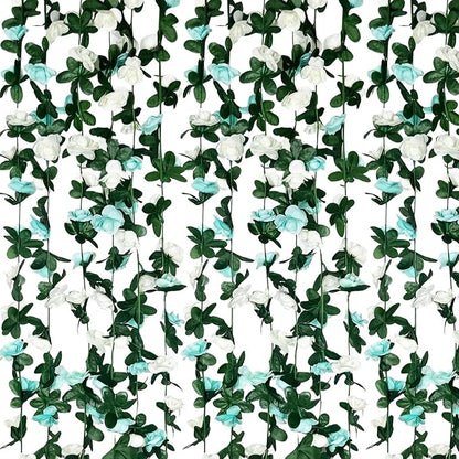 16Pcs 126Ft Teal&White Rose Garland, Fake Rose Hanging Flowers, Artificial Flower Vine, Hanging Floral Vine Garland for Wedding, Birthday Party, Wall Arch, Halloween, Christmas Garden Backdrop Decor