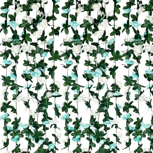 16Pcs 126Ft Teal&White Rose Garland, Fake Rose Hanging Flowers, Artificial Flower Vine, Hanging Floral Vine Garland for Wedding, Birthday Party, Wall Arch, Halloween, Christmas Garden Backdrop Decor