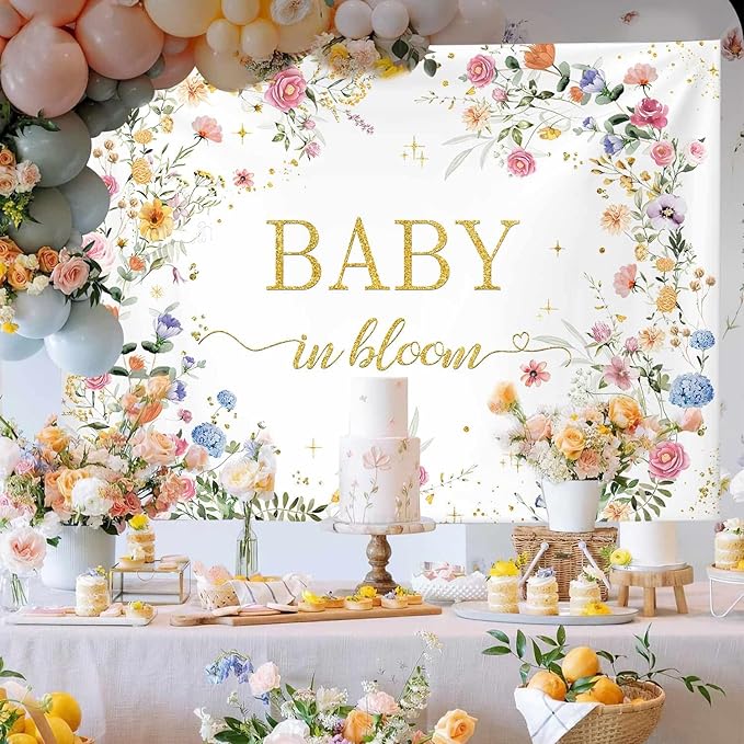 MEHOFOND 7x5ft Wildflower Baby in Bloom Baby Shower Backdrop Decorations, Wildflower Baby Shower Background, Spring Floral Banner Gold Glitter Photography Background Photo Props