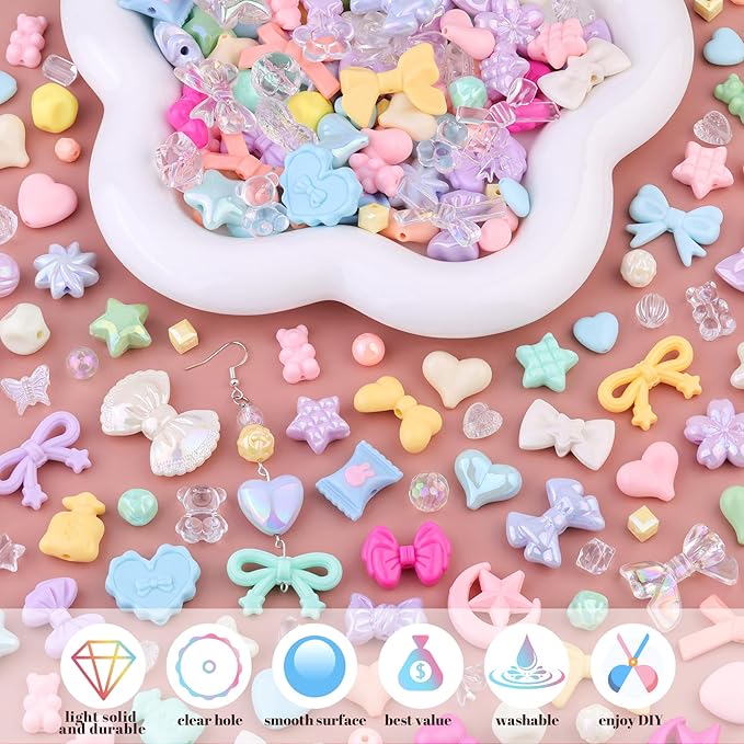 Assorted 200-260PCS Macaroon Color Acrylic Beads for Bracelet Making, Bow Candy GummyBear Bracelet Charms,Cute Beads for Jewelry Making DIY Necklace Keychain Phone Charm Christmas Gift