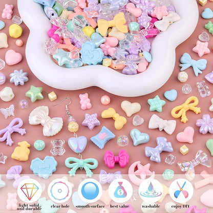 Assorted Acrylic Beads, 200-260PCS Macaroon Color Cute Beads for Bracelet Making, GummyBear Bow Candy Kawaii Charms for Jewelry Making DIY Necklace Keychain Phone Charm Christmas Gift