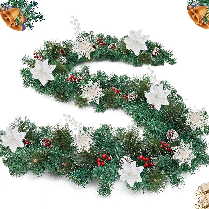 24Pcs Christmas Poinsettia Artificial Flowers and Glitter Berries Kit, 2 Styles Total 16Pcs Christmas Tree Flowers Ornaments, 8Pcs Christmas Tree Picks for Wedding Holiday Decorations, White