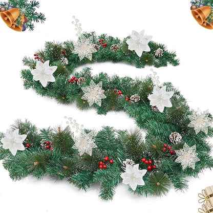 24Pcs Christmas Poinsettia Artificial Flowers and Glitter Berries Kit, 2 Styles Total 16Pcs Christmas Tree Flowers Ornaments, 8Pcs Christmas Tree Picks for Wedding Holiday Decorations, White