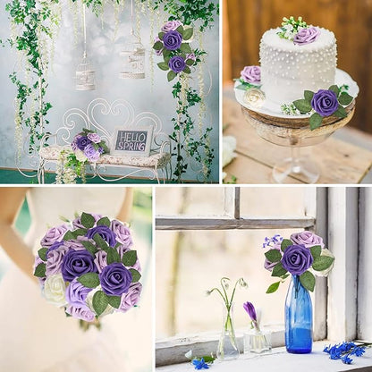 AmyHomie Artificial Flower Seriesc Purple Rose 25pcs Real Looking Fake Roses w/Stem for DIY Wedding Bouquets Centerpieces Arrangements Party Baby Shower Valentines Day Christmas Tree Decorations