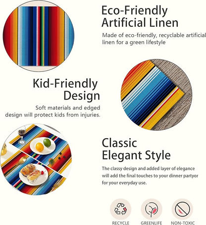 Rainbow Colorful Stripe Mexican Placemats Set of 6,Ethnic Mexican,Waterproof Non-Slip Washable Table Mats Set for Kitchen Dining Holiday Party Wedding Decor 12x18 Inch