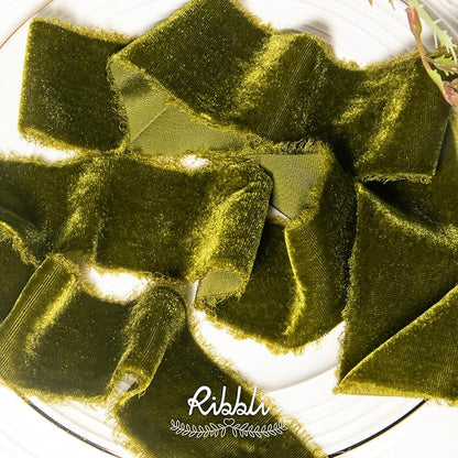 Ribbli Moss Green Velvet Ribbon 2 Inch Handmade Frayed Vintage Christmas Ribbon for Gift Wrapping Christmas Tree Ornament Wreath Craft Home Decor -3 Yards