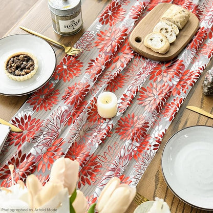 Artoid Mode Beige Red Dahlia Flower Gauze Table Runner 120 Inch 10FT, Glitter Metallic Foil Seasonal Sheer Dining Holiday Table Decor for Home Party