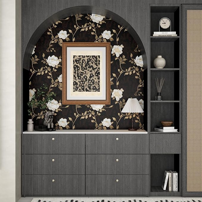 Black Golden Floral Peel and Stick Wallpaper Flowers Contact Paper 17.5" x 393" Self Adhesive Waterproof Vintage Dark Floral Wall Paper for Shelf Liner Cabinet Decor