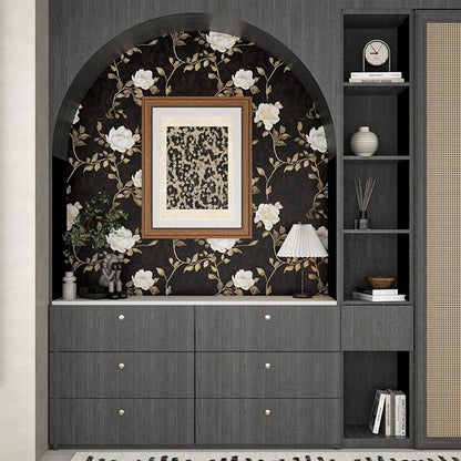 Black Golden Floral Peel and Stick Wallpaper Flowers Contact Paper 17.5" x 393" Self Adhesive Waterproof Vintage Dark Floral Wall Paper for Shelf Liner Cabinet Decor