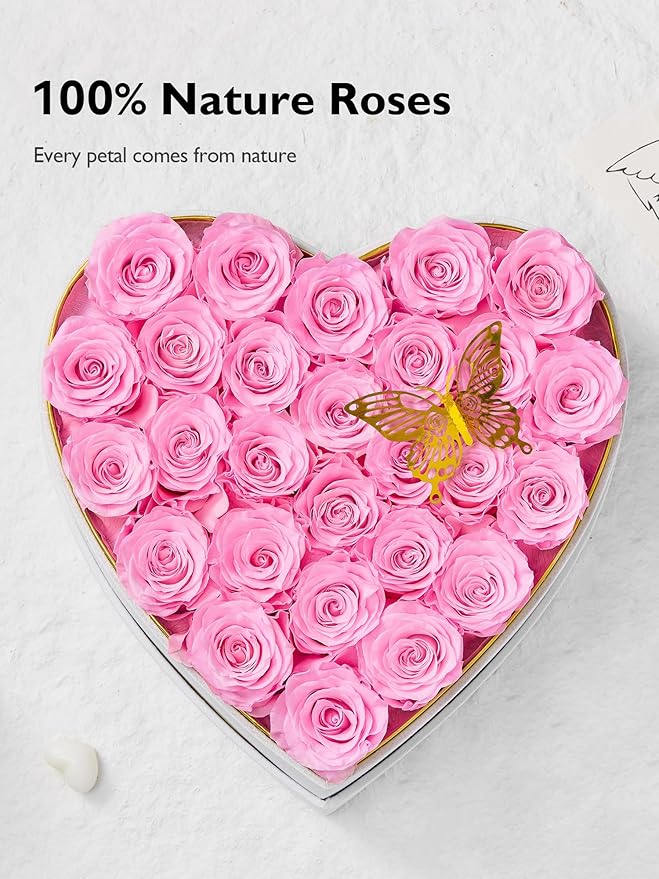 Eterfield 27 Forever Flowers in Heart Shape Box, Preserved Roses That Last a Year Preserved Flowers Birthday Gifts for Her Mom Women Wife Anniversary Valentines Day Mothers Day Christmas, Light Pink