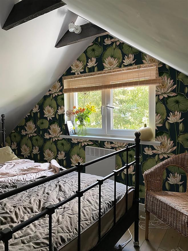 Orainege Vintage Floral Peel and Stick Wallpaper Floral Contact Paper 16.9"x393.7" Lotus Leaf Wallpaper Peel and Stick Self Adhesive Wall Paper for Bedroom Bathroom Covering Wall Decorative