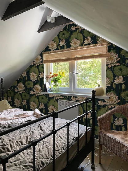 Orainege Vintage Floral Peel and Stick Wallpaper Floral Contact Paper 16.9"x393.7" Lotus Leaf Wallpaper Peel and Stick Self Adhesive Wall Paper for Bedroom Bathroom Covering Wall Decorative