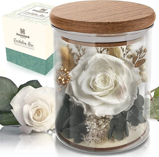 White Rose in a Glass Dome - Premium Real Roses that Last a Year or More - Mother's Day Unique Gifts For Her Preserved Roses - Forever Flower Decor Preserved Flowers - Eternal Rose Display
