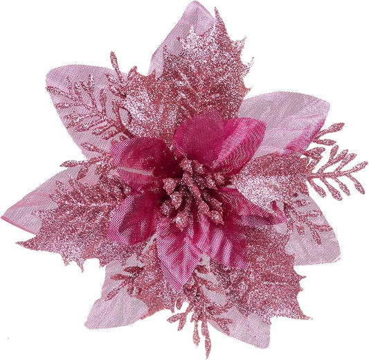 Zhuqing 15Pcs Christmas Poinsettia Artificial Flowers Decorations, Glitter Poinsettia Christmas Tree Ornaments, Black Tree Flowers for Xmas/Wedding/Holiday/Wreath/Garland Decor, with Cilps, 5.5 Inch
