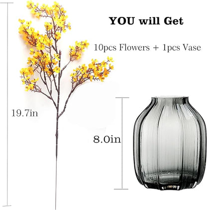 10pcs Babys Breath Artificial Flowers With Vase Gypsophila Bouquet Bulk Fake Spring Silk Flowers Real Touch Faux Floral for Home Kitchen Garden Wedding Christmas Decor (Yellow Orange With Vase)