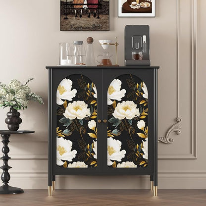 Vintage Dark Floral Wallpaper Peel and Stick, White Peony Flower with Gold Leaf Removable Contact Paper for Bedroom Cabinet Drawer, Boho Botanical Wall Decor Black White Gold 17.5" x 118"