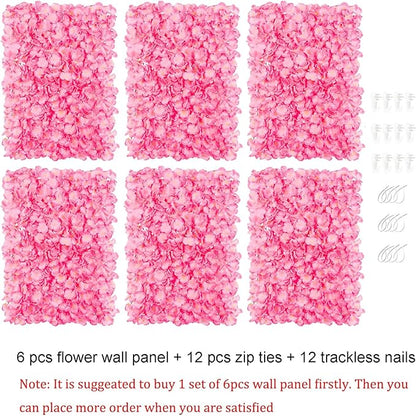 BLOSMON Flower Wall Panel Backdrop - 6 Pcs 24 x 16 Inch Pink Artificial Hydrangea Floral Backdrop for Wedding Party Baby Bridal Shower Decor, Hanging Fake Silk Flower Backdrop Decoration