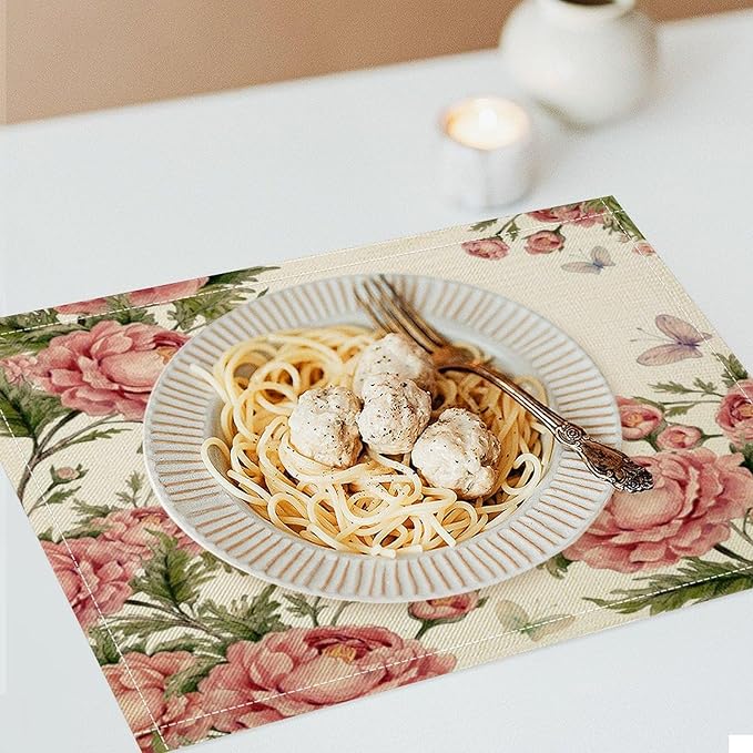 Pink Flowers Placemats Set of 8, 17x12 Inch Rustic Farmhouse Romantic Spring Floral Blossom Butterfly Table Mats for Home Party Kitchen Dining Decor