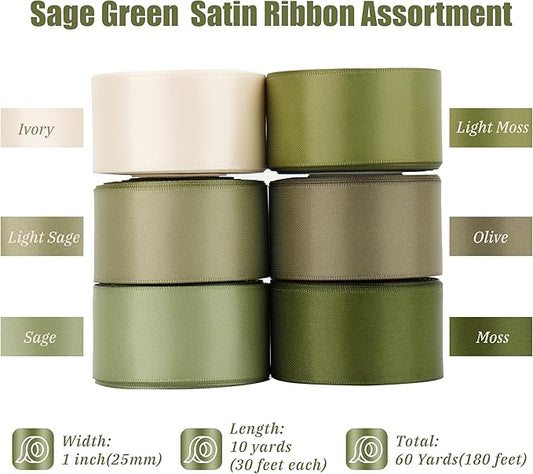 Sage Green Ribbon 1 Inch Moss Green Double Face Satin Polyester Ribbon 6 Rolls 60Yards Wedding Gift Wrapping Crafts
