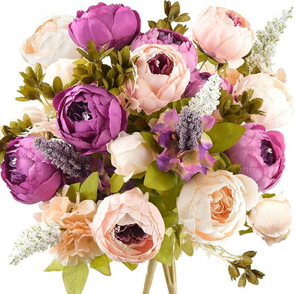 FiveSeasonStuff Vintage Artificial Peonies Silk Peony Flowers and Hydrangeas for Wedding Bridal Home Décor – Beautiful Floral Centerpiece Arrangement 2 Bouquets (Mixed Pale Pink and Thistle Purple)