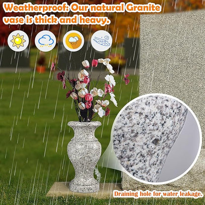 Cemetery Vase, Turned Granite Vase Polished, Memorial Stone Vases with Draining Holes for Home Tabletop, Cemetery Flowers, Grave Headstone Decorations (2Pcs, Grey)