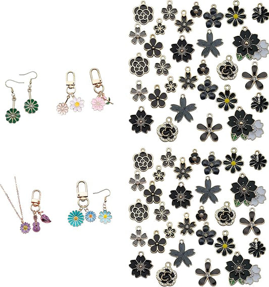 60pcs15 Types Flower Charms For Jewelry Making Enamel Flower Charms For Necklace Bracelet Earring for Gift that Office, Travel & DIY Creators