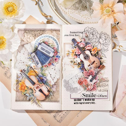120Pcs Flowering Symphony PET Stickers, Watercolor Musical Instrument Ephemera for Scrapbooking, Journaling, and Craft Supplies