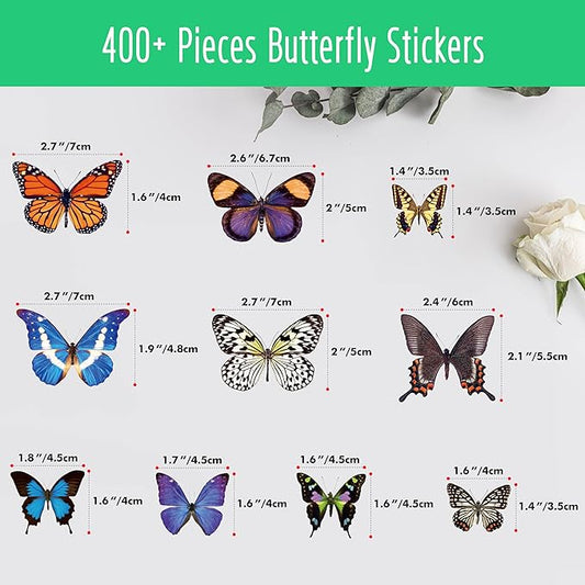 400+ PCS Realistic Butterfly Stickers, Self-Adhesive PVC Vintage Butterfly Stickers for Scrapbook, Laptop, Journal, DIY Project, Window, Envelope Spring Themed Party Decors