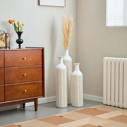 Floor Oversized Gold Metal Decorative Vase with 3D Triangle Pattern Set of 3 Large Vases for Home Living Room 33.5 ", 29.5 ", 25.2" High (Vintage White)