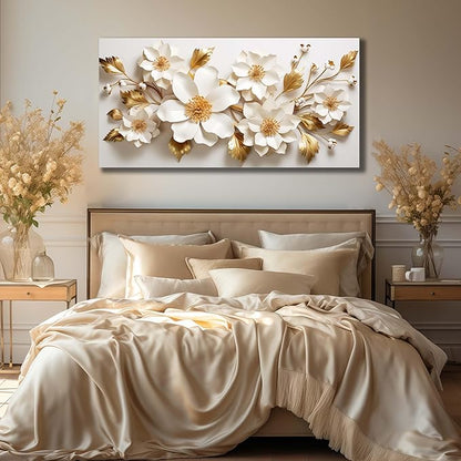 JuhaiArt Large Floral Wall Decor 3D Flower White Wall Art Elegant Gold Canvas Decor for Bedroom Living Room Office Picture Artwork 29" x 59"