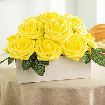 Artificial Flower Foam Rose 25pcs Real Looking Fake Rose with Stems Leaves for Home Decoration Party Garden Centerpieces DIY Wedding Bouquets（Yellow）
