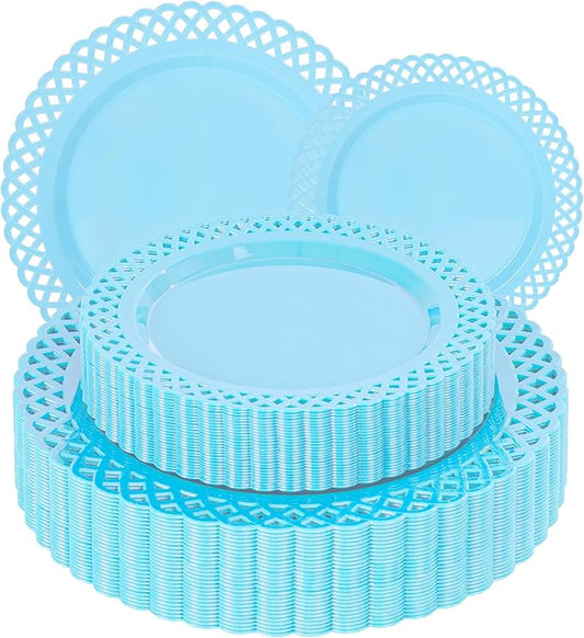 COLOSUS 60Pcs Blue Plastic Plates, Fancy Blue Hanukkah Plates, Nice Scallop plates,Heavy Duty Lace Hollowed Out Plate Set include 30 Dinner Plate 10” and 30 Salad/Dessert Plate 7.5”for Hanukkah