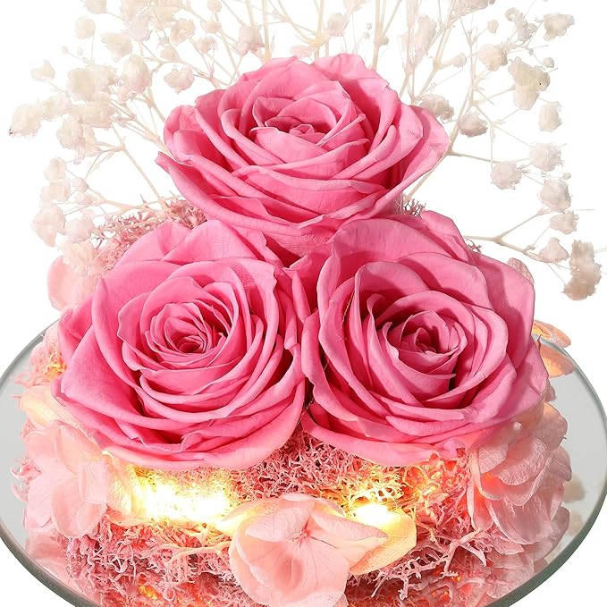 Christmas Rose Gifts for Women Preserved Real Flower in Glass Angel Figurines Roses for Delivery Prime Birthday Gifts for Mom Grandma Girlfriend Wife Her, Sweet Pink