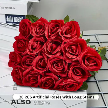 20PCS Artificial Roses with Long Stems - Realistic Silk Flowers, Fake Roses Real Touch Bouquet of Roses for Home Decor, Bridal Wedding Party Table Centerpieces, Bulk Faux Rose Flowers (Red)