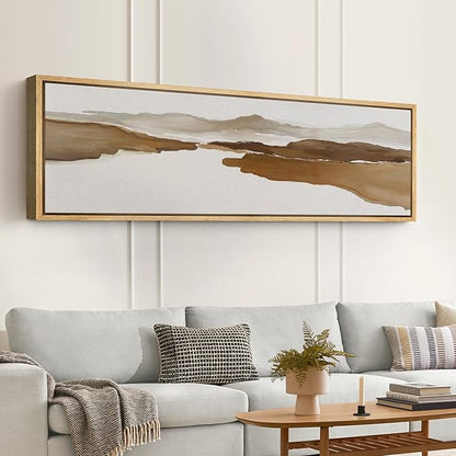 SIGNFORD Large Framed Canvas Print Wall Art Abstract Brown Mountain River Illustrations Modern Art Relax/Calm Warm for Living Room, Bedroom, Office - 60"x20"