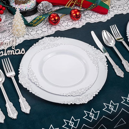 Liacere 150PCS Silver Plastic Plates with Silver Cutlery - Disposable Plastic Plates Include 30Dinner Plate, 30Dessert Plate, 30Knives, 30Spoons, 30Forks - Ideal for Wedding&Christmas