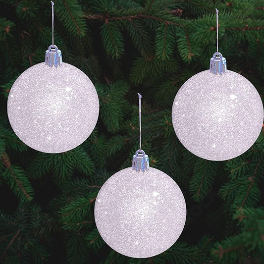 4E's Novelty White Snowball Christmas Ornaments Set of 12 - Large 3.15" Iridescent Shatterproof Glitter Balls for Christmas Tree, Winter Wonderland Decorations