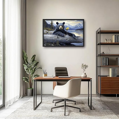 Forest Bear Large Decor Framed Wall Art Mountain Lake Cabin Pictures for Living Room, Black Bear Oversized Canvas Print Painting Modern Extra Large Framed Artwork for Bedroom Office 36"x24"