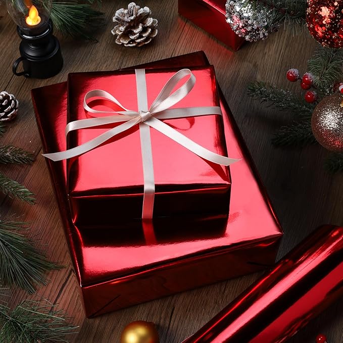 LaRibbons Red Metallic Wrapping Paper, 17 Inch X 40 Feet (56.6 sq.ft) Solid Color Paper Roll, Gift Wrapping Paper Rolls for Wedding, Birthday, Christmas, Baby Shower