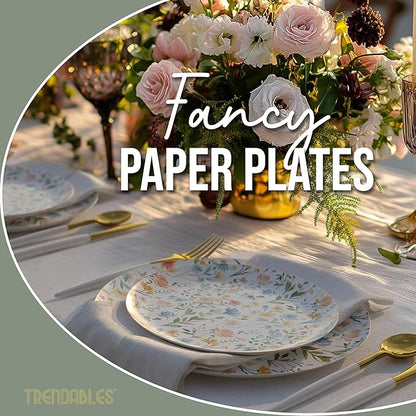 Trendables Heavy Duty Paper Plates Set For 16 Guests - 16 Each Of 8-inch And 10-inch Disposable Plates For Party - Fancy 32 Piece Dinnerware Set For All Occasions | Floral Design, Petite Fleur