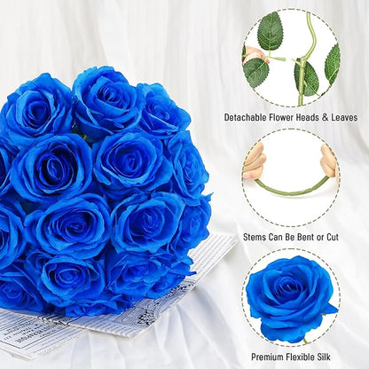 Waipfaru 16 Pcs Blue Roses Artificial Flowers, Fake Silk Roses with Long Stems, Faux Flowers for Independence Day Wedding Bouquet Centerpiece 4th of July Patriotic Decor (Royal Blue)