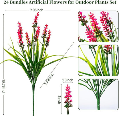 Artificial Flowers for Outdoor Plants 24 Bundles Fake Lavender Plastic Faux Monkey Grass for Verandah Window Garden Office Patio Front Porch UV Resistant for Planter(Hot Pink)