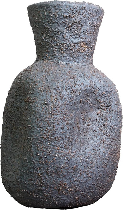 Rustic Textured Clay Vase - 7IN Rustic Ceramic Vase Vintage Farmhouse Style Decor, Circle Wabi Sabi Vases for Farmhouse Home Decor, Decor Living Room, Table, Shelf(Black)