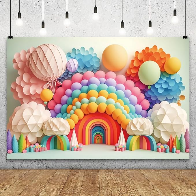 YongFoto Paper Flowers Backdrop 8x6.5ft Colorful Cut Paper Floral Blossom Rainbow Arch Hot Air Balloon Honeycomb Ball Photography Background Lovely Party Banner Home Decor Photo Studio Booth Props