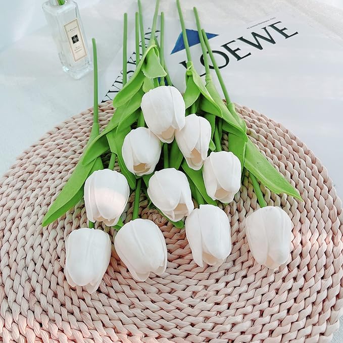 UKELER 24 Pcs Pure White Flowers Fragrant Artificial White Tulip Flowers for Floral Home Decorations Centerpieces Arrangement Wedding Bouquet