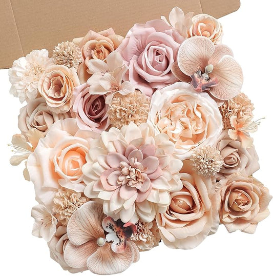 Artificial Flowers Set Champagne Coffee Silk Fake Flowers with Stems for DIY Wedding Bridal Bouquets Cake Arch Floral Arrangement Table Centerpieces Baby Shower Party Home Decorations