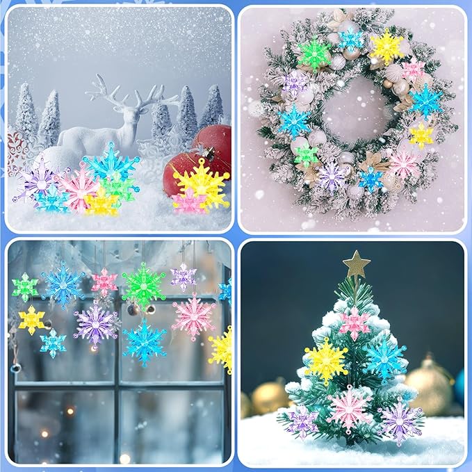 60Pcs Christmas Acrylic Snowflake, Ornaments Winter 3D Translucent Snowflake Hanging Ornaments for Tree Crystal Pendants with Rope for Holiday Party DIY Decor (Multicolor)
