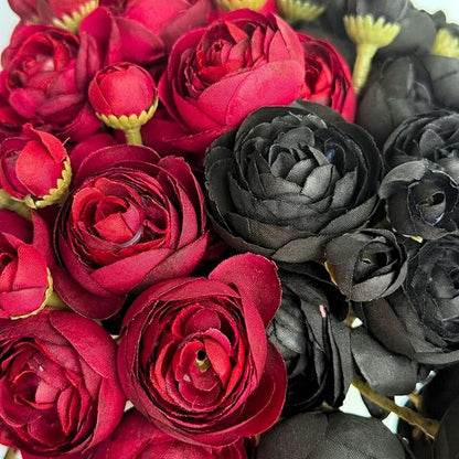 ASTRYAS 24Pcs Black Red Ranunculus Artificial Flowers, Silk Fake Ranunculus Wedding Bouquet for Halloween Home Decor Floral Arrangement Table Centerpieces(Red, Black)